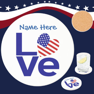 USA Heart Flag Blue LOVE Personalized Name  Coaster