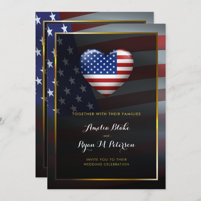 USA Heart Flag | Gold Frame | Luxury Wedding Invitation (Front/Back)