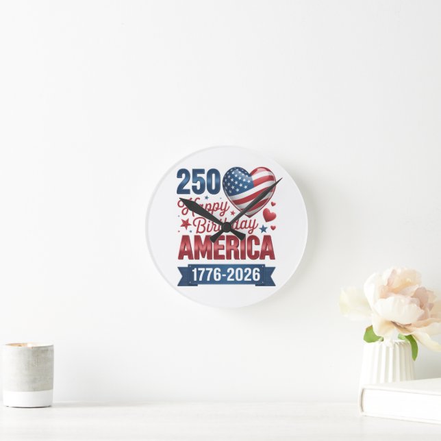 USA Hearts 1776 2026 July 4th  Round Clock (Home)