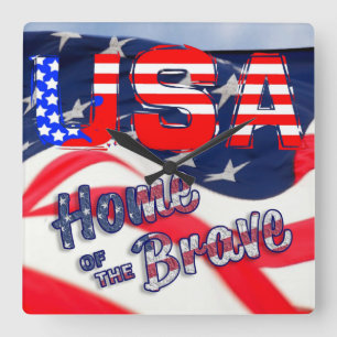 USA Home of the Brave Flag Square Wall Clock