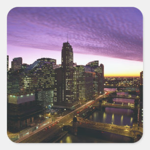 USA, IL, Chicago. Chicago skyline and river Square Sticker