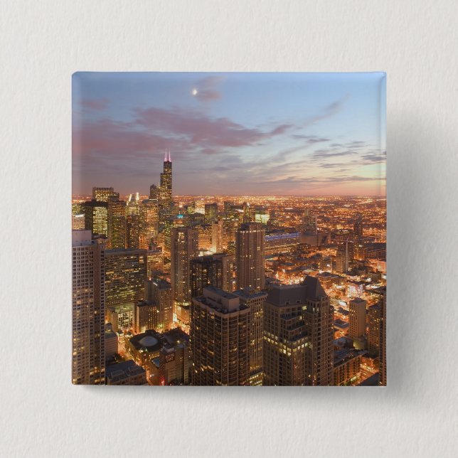 USA, Illinois, Chicago: Evening View of The Loop 2 Inch Square Button (Front)