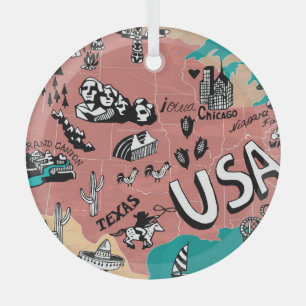 USA Illustrated: Colourful Map Journey. Glass Ornament