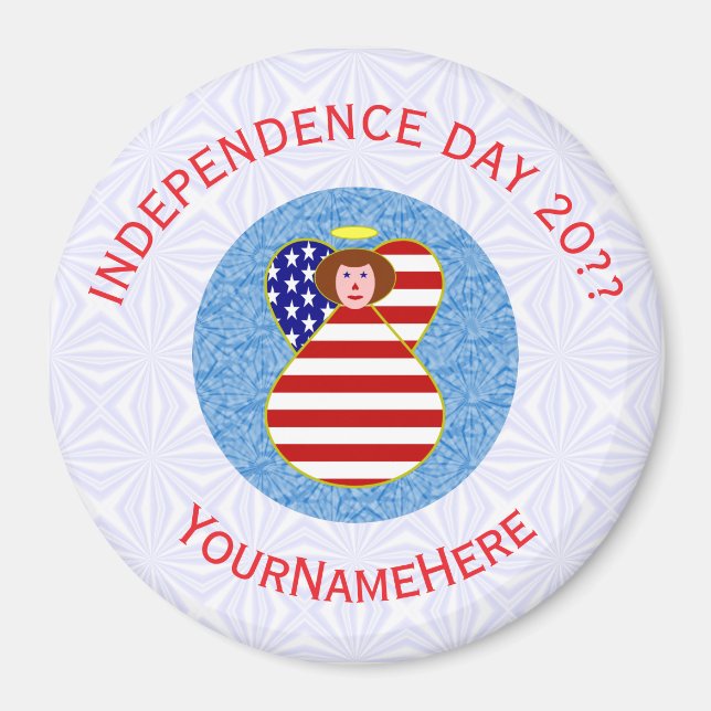 USA Independence Day Angel Flag Personalized Round Magnet (Front)