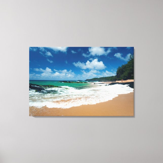 USA, Kauai, Hawaii. A Woman Strolls The Rocks Canvas Print (Front)