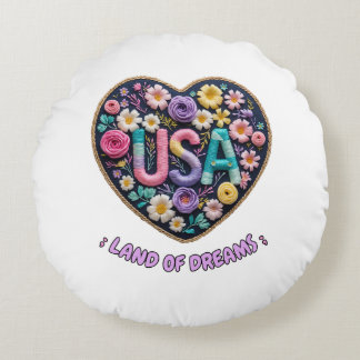 USA Land of Dreams Floral Embroidery Art Round Pillow