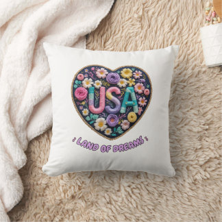 USA Land of Dreams Floral Embroidery Art Throw Pillow