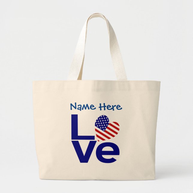 USA Love Flag in Blue Personalized Large Tote Bag (Front)