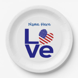 USA Love Flag in Blue Personalized Party Paper Plate