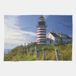 USA, Maine, Lubec. West Quoddy Head Lighthouse Kitchen Towel