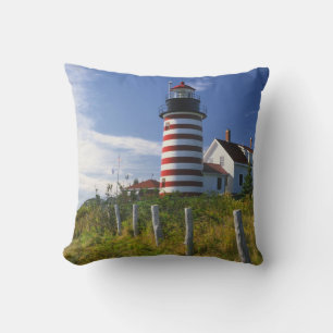 USA, Maine, Lubec. West Quoddy Head Lighthouse Throw Pillow