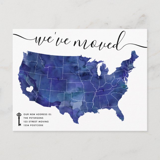 USA Map heart navy blue moving announcement (Front)