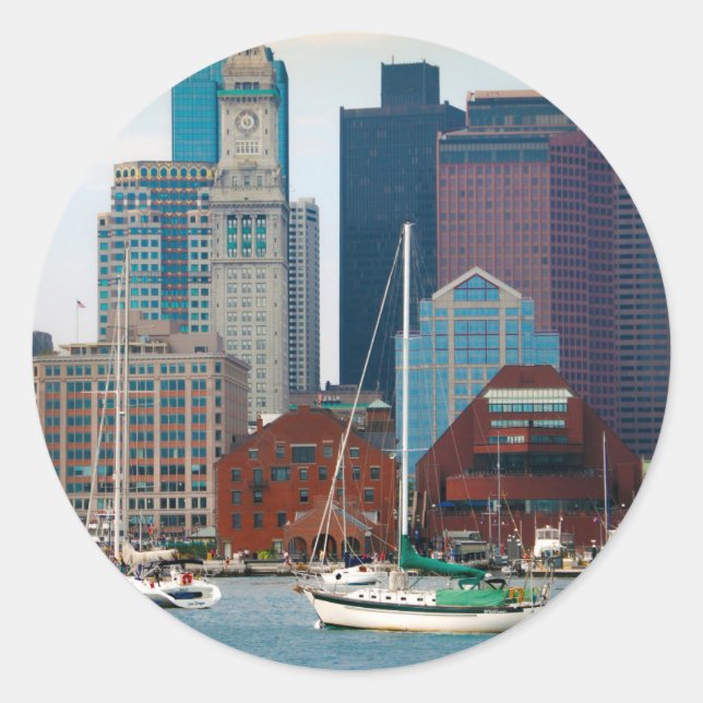 USA, Massachusetts. Boston Waterfront Skyline Classic Round Sticker (Front)