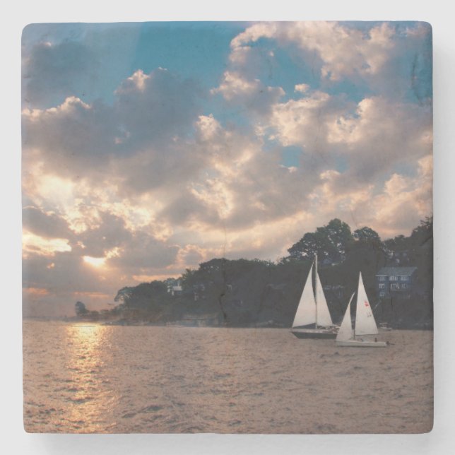 USA, Massachusetts. Sunset Sailing Stone Coaster (Front)