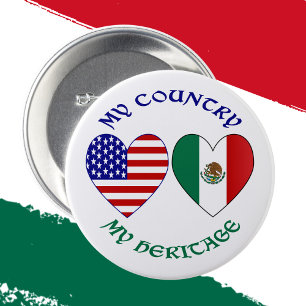 USA Mexico Flag Hearts My Country My Heritage  3 Inch Round Button