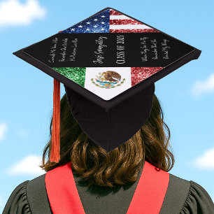 USA Mexico flag sparkles Custom name class Graduation Cap Topper