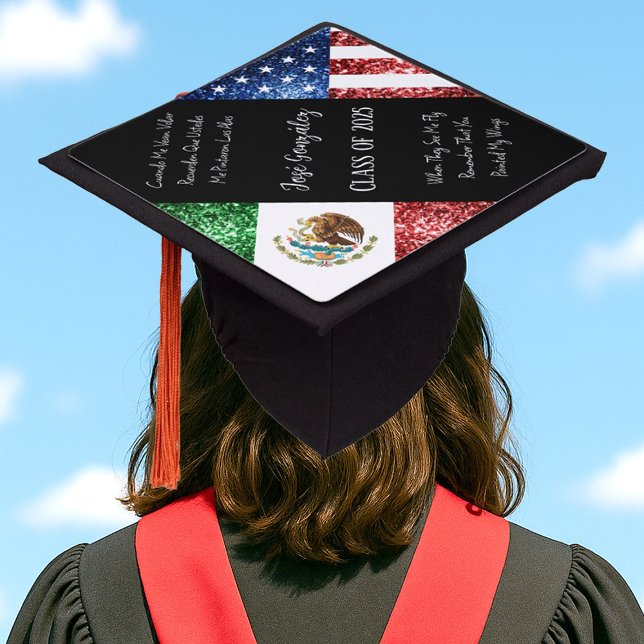 USA Mexico flag sparkles Custom name class Graduation Cap Topper (Creator Uploaded)