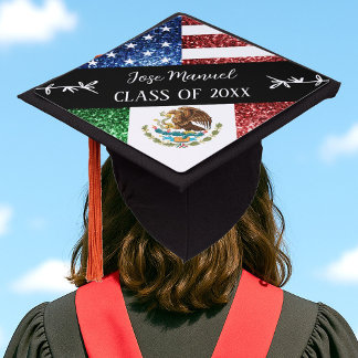 USA Mexico flag sparkles Custom Name Class of 2024 Graduation Cap Topper