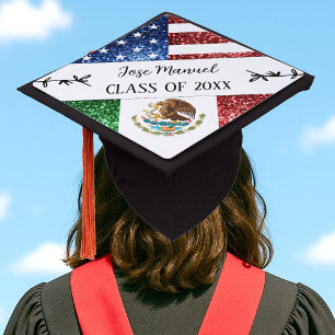 USA Mexico flag sparkles Custom Name Class of 2025 Graduation Cap Topper