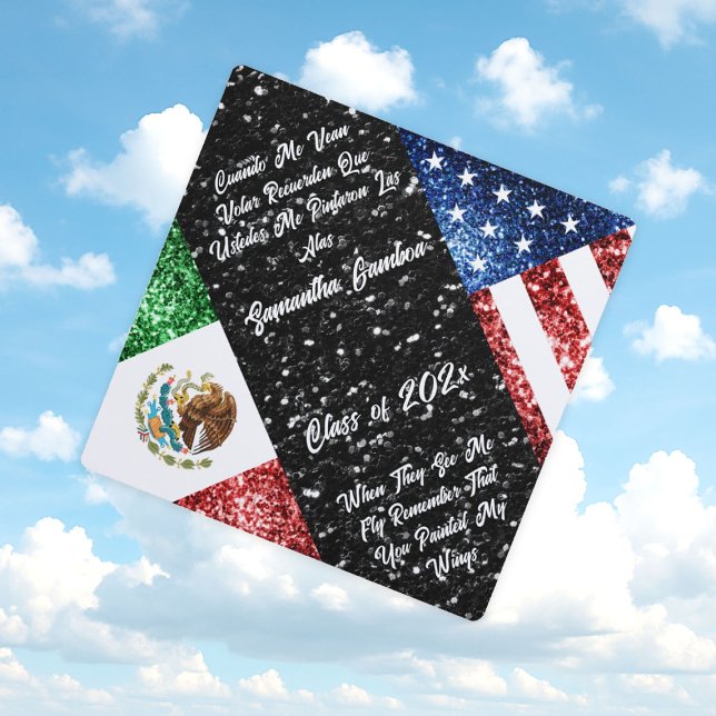 USA Mexico flag sparkles glitters Custom text Graduation Cap Topper (Creator Uploaded)
