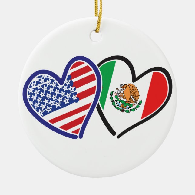USA Mexico Heart Flags Ceramic Ornament (Front)
