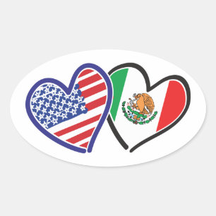 USA Mexico Heart Flags Oval Sticker