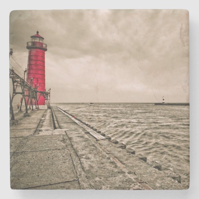 USA, Michigan, Grand Haven Lighthouse Stone Coaster (Front)