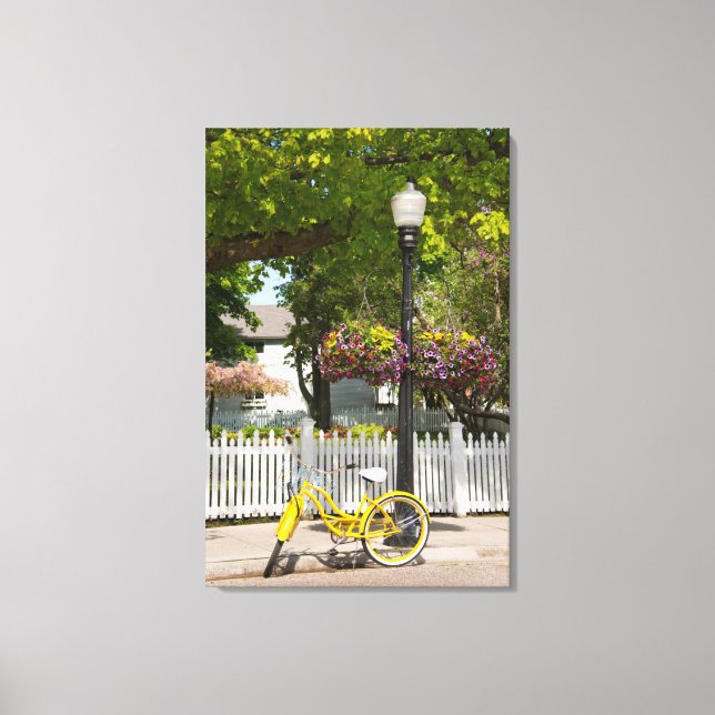 USA, Michigan, Mackinac Island. Yellow Bike Canvas Print (Front)