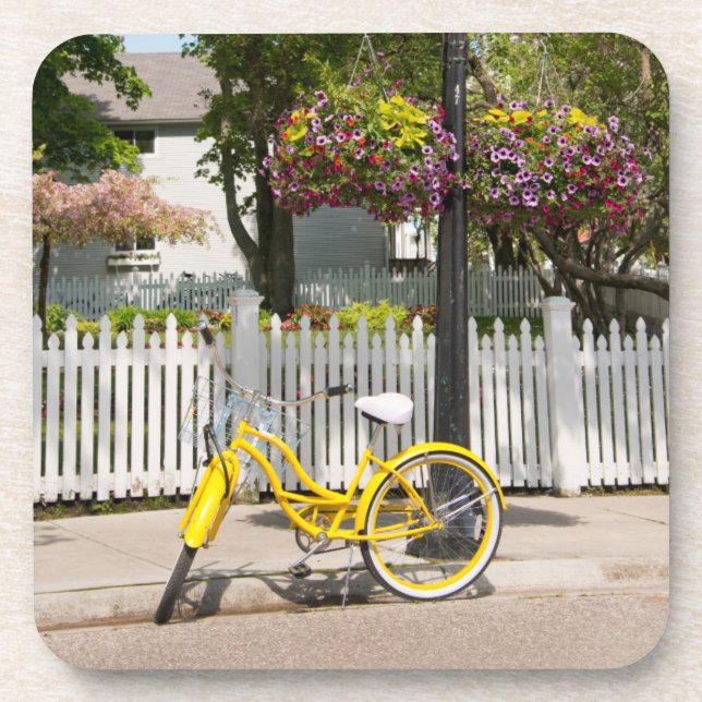 USA, Michigan, Mackinac Island. Yellow Bike Coaster (Front)