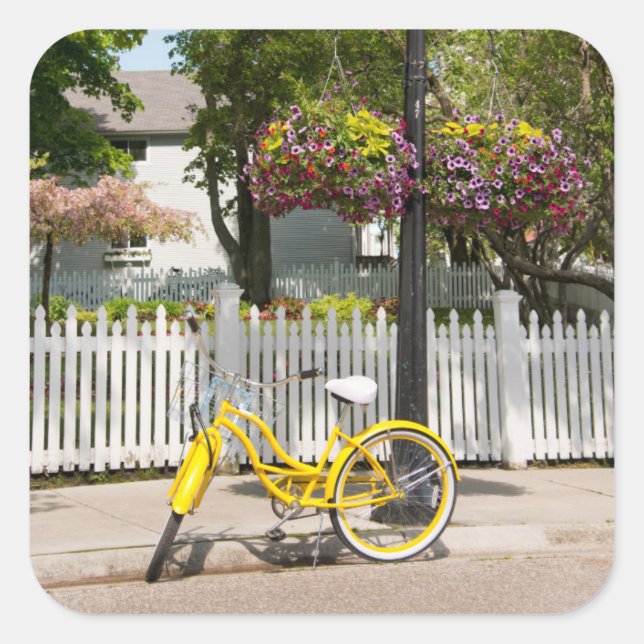 USA, Michigan, Mackinac Island. Yellow Bike Square Sticker (Front)