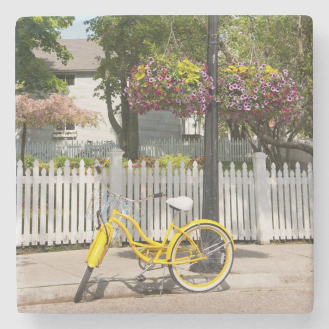 USA, Michigan, Mackinac Island. Yellow Bike Stone Coaster (Front)