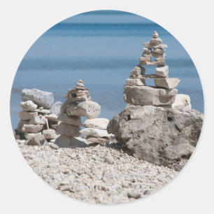 USA, Michigan. Stone Towers On The Beach Classic Round Sticker