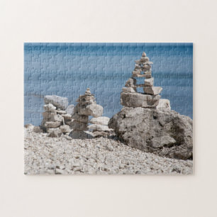 USA, Michigan. Stone Towers On The Beach Jigsaw Puzzle