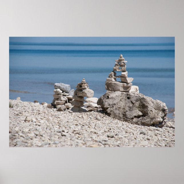 USA, Michigan. Stone Towers On The Beach Poster (Front)