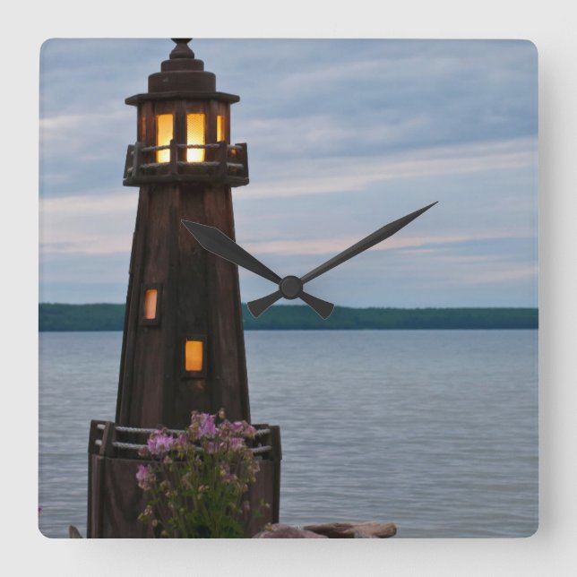 USA, Michigan. Yard Decoration Lighthouse Square Wall Clock (Front)