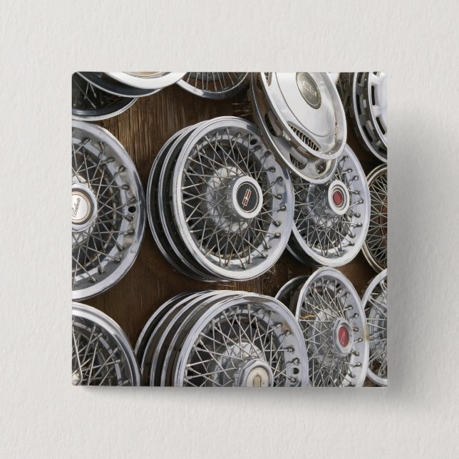 USA, New Mexico, Prewitt: Auto Hubcaps / Rt. 66 2 Inch Square Button (Front)