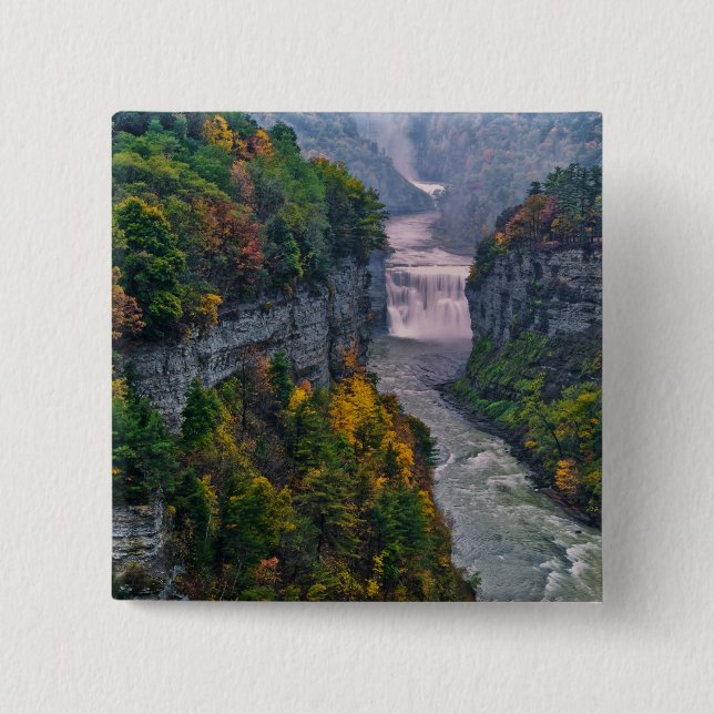 USA, New York, Letchworth State Park. River and 2 Inch Square Button (Front)