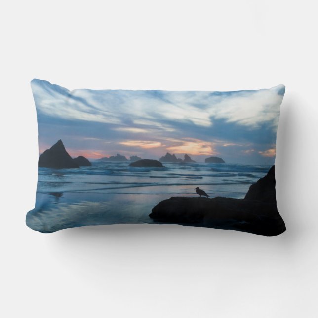 USA, Oregon, Bandon Beach. Seagull on rock Lumbar Pillow (Front)