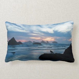 USA, Oregon, Bandon Beach. Seagull on rock Lumbar Pillow
