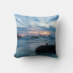 USA, Oregon, Bandon Beach. Seagull on rock Throw Pillow