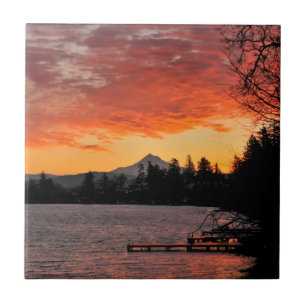 USA, Oregon. Blue Lake And Mt Hood At Sunrise Tile