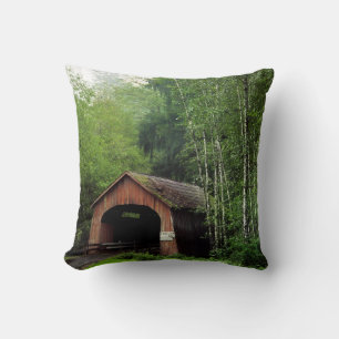 USA, Oregon. Covered Bridge Over North Fork Throw Pillow