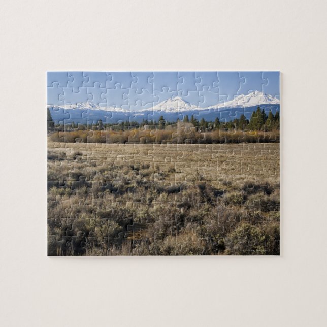 USA, Oregon, Field with snow covered Cascade Jigsaw Puzzle (Horizontal)
