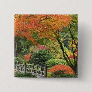 USA, Oregon, Portland. Wooden bridge and maple 2 Inch Square Button