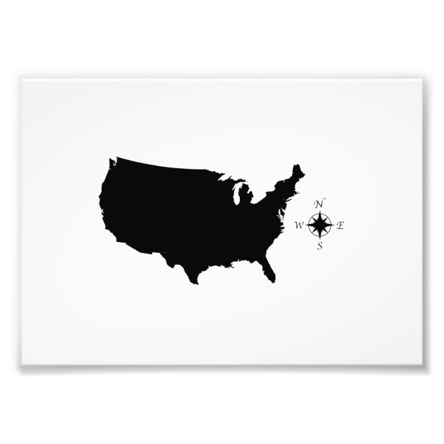 USA Outline Silhouette Map With Compass Photo Print (Front)