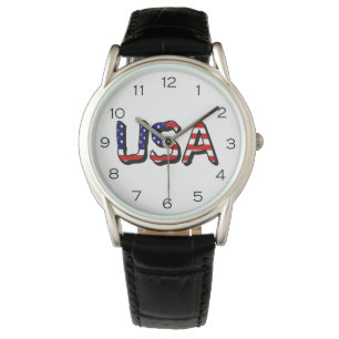 USA overlaid on US Flag Black Numbers Mens cn Watch