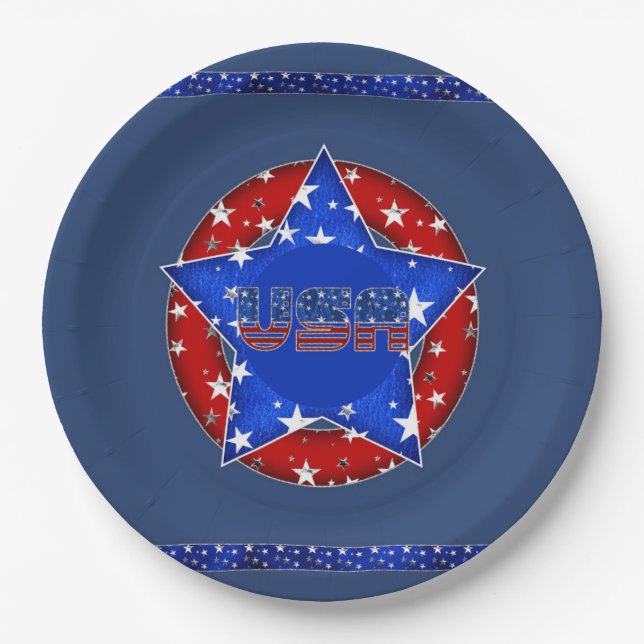 USA, Paper Plates in Red, White, Blue with Stars (Front)