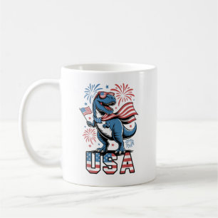 USA Patriotic American Flag 4th July Dinosaur Coffee Mug