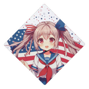 USA patriotic anime girl Graduation Cap Topper