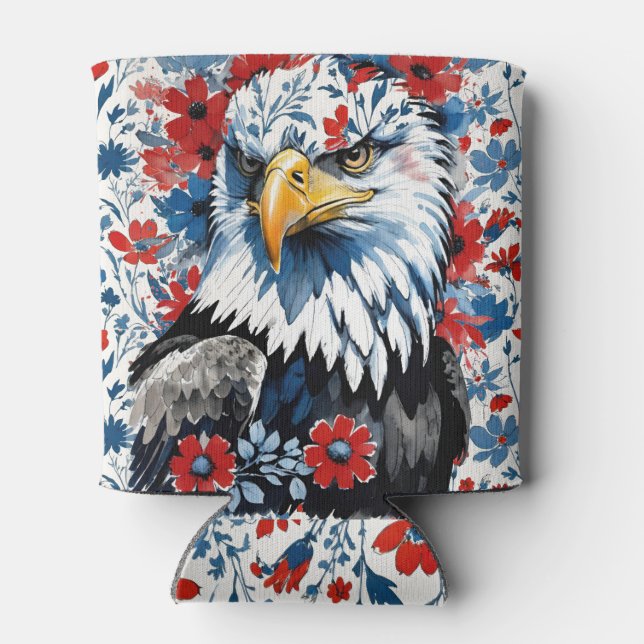 USA Patriotic Bald Eagle Floral Can Cooler (Back)
